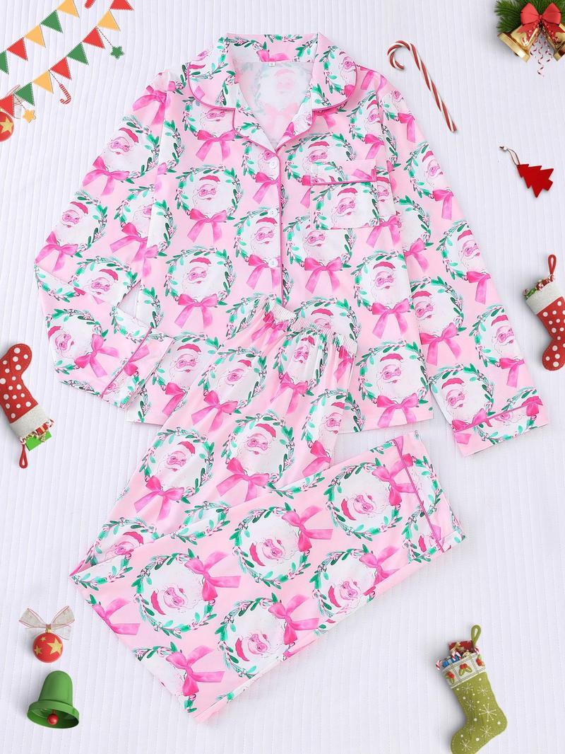 🎄【Christmas】Santa Claus & Bow Print Women's Pajama Set, Comfortable Long Sleeve Cardigan Blouse And Elastic Waist Pants For Holiday Party