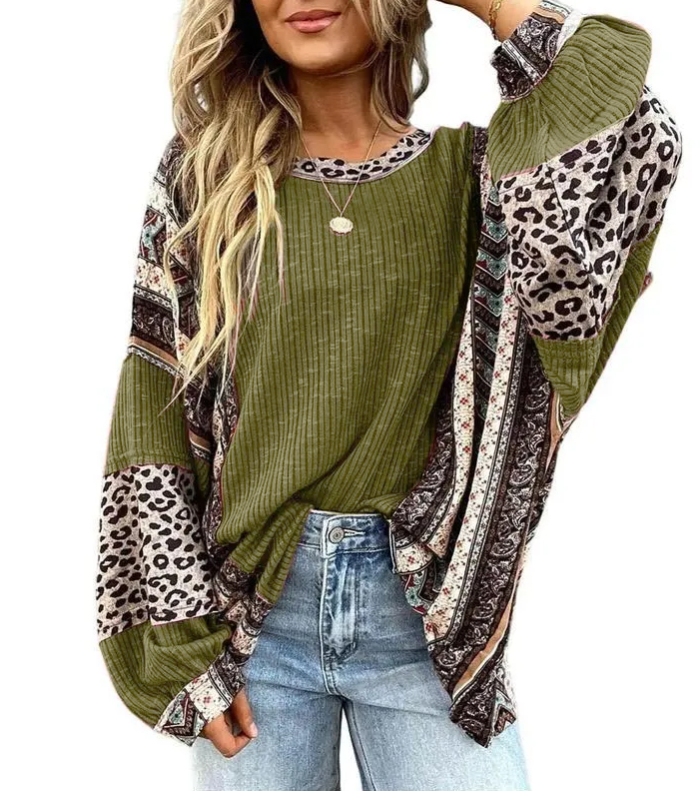 Womens Loose fit Long Sleeve Oversized Retro Leopard Contrast Patchwork Top（buy 2 free shipping)