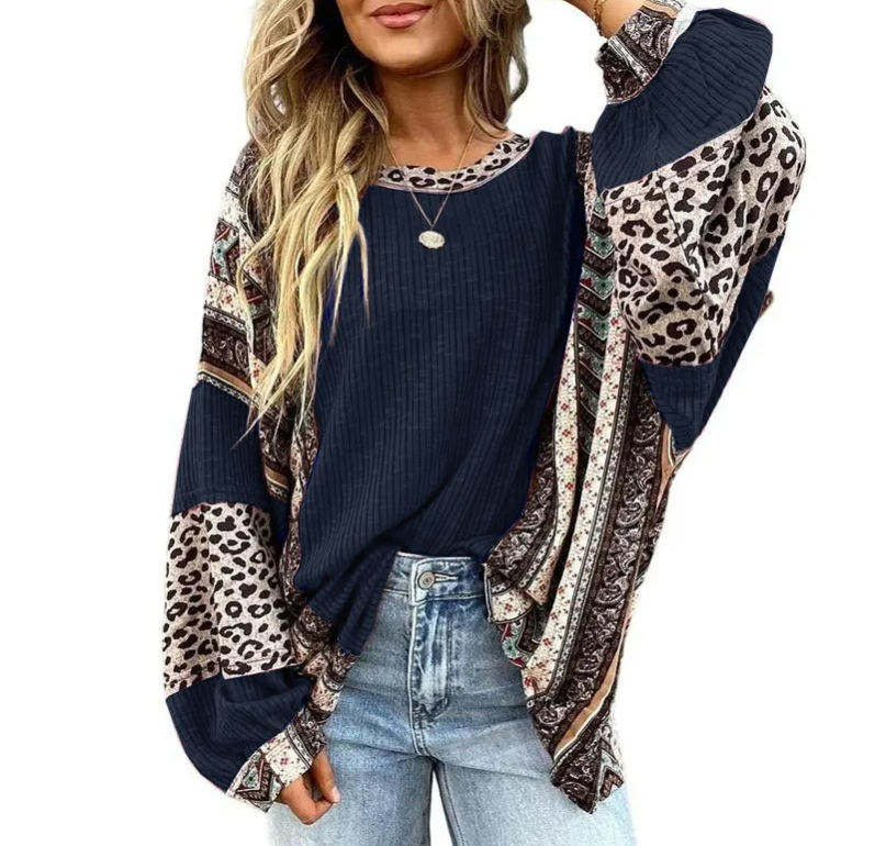 Womens Loose fit Long Sleeve Oversized Retro Leopard Contrast Patchwork Top（buy 2 free shipping)
