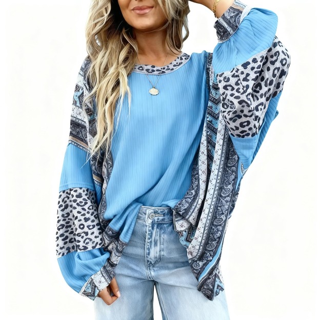 Womens Loose fit Long Sleeve Oversized Retro Leopard Contrast Patchwork Top（buy 2 free shipping)