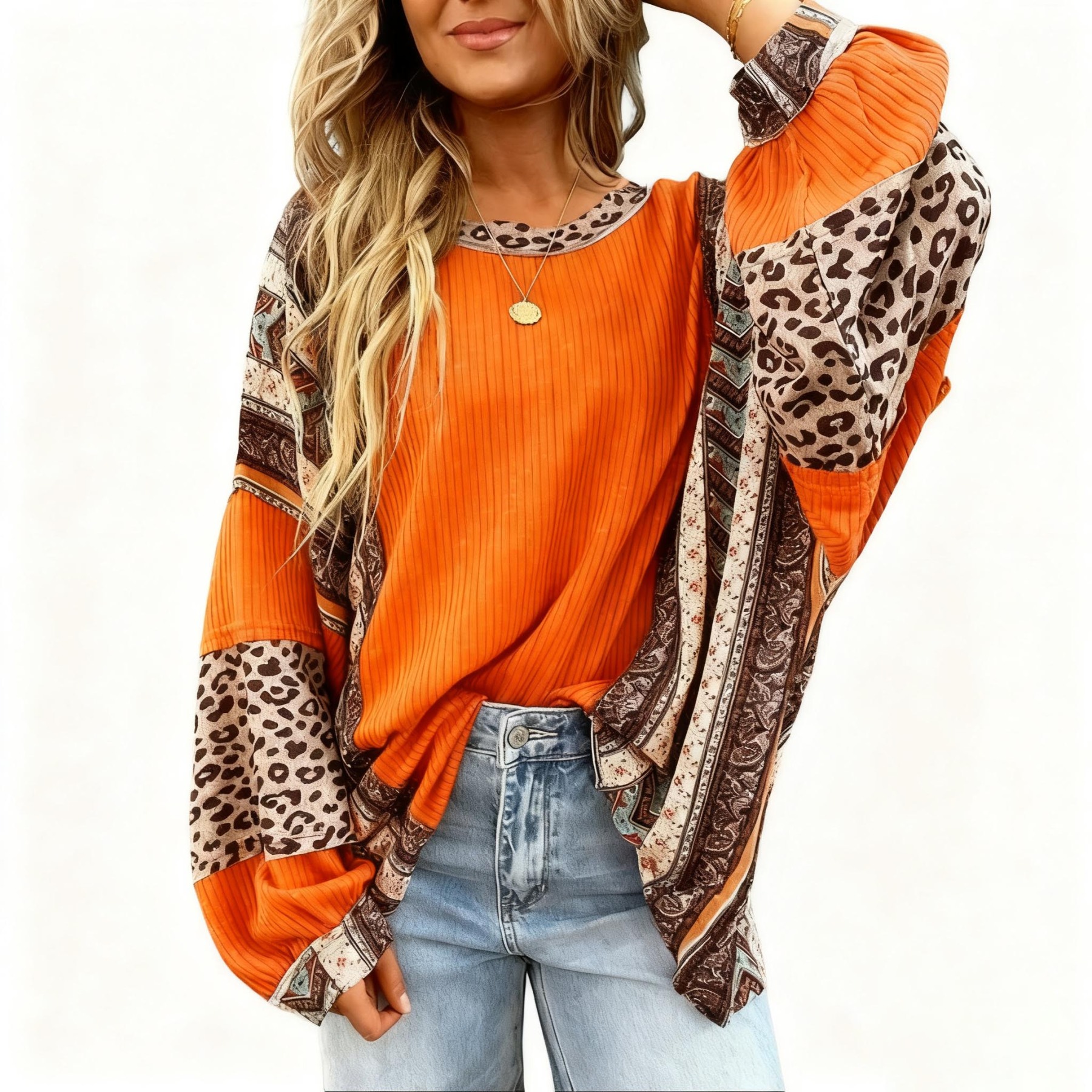 Womens Loose fit Long Sleeve Oversized Retro Leopard Contrast Patchwork Top（buy 2 free shipping)