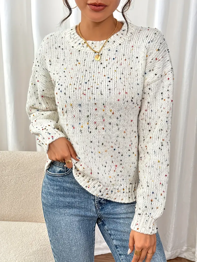 Faynilla Women's Middle Eastern-Inspired Color-Block Drop Shoulder Sleeve Sweater - Round Neck Pullover with Contrast Detailing, Medium Stretch All-Season Elegant Casual Top, Ladies Sweaters