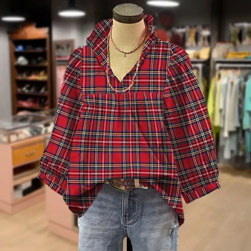 Plaid Ruffle V-Neck Bubble Sleeve Top (BUY 2 FREE SHIPPING)