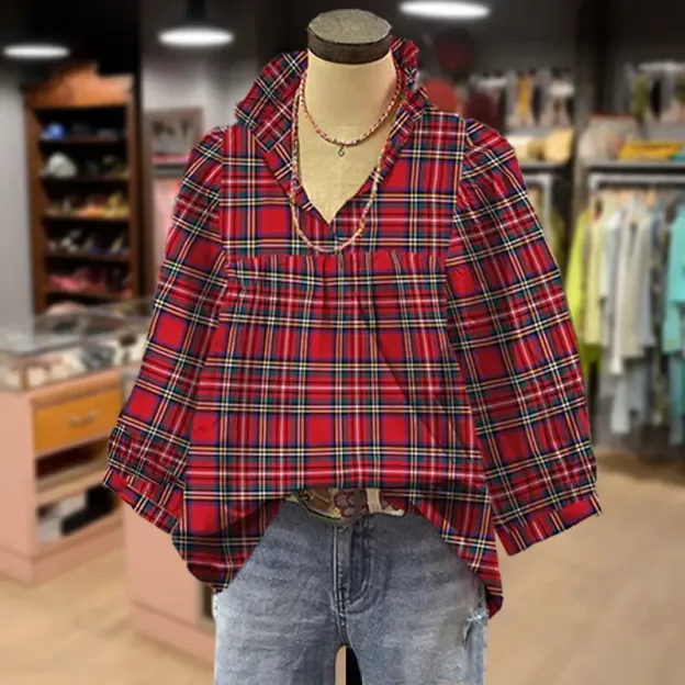 Plaid Ruffle V-Neck Bubble Sleeve Top (BUY 2 FREE SHIPPING)