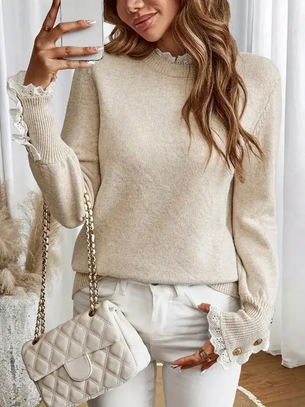 Fall Tops Women's Apricot Floral Trim Crew Neck Long Sleeve Knitted Sweater 