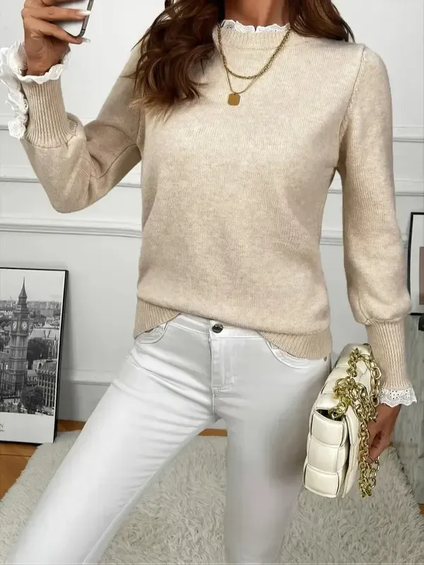 Fall Tops Women's Apricot Floral Trim Crew Neck Long Sleeve Knitted Sweater 