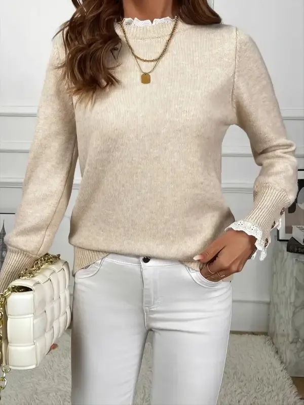 Fall Tops Women's Apricot Floral Trim Crew Neck Long Sleeve Knitted Sweater 