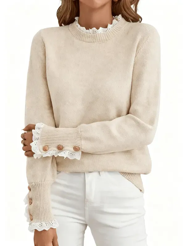 Fall Tops Women's Apricot Floral Trim Crew Neck Long Sleeve Knitted Sweater 