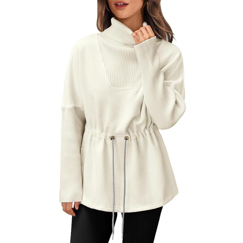 Women's Turtleneck Sweatshirts Fleece Drawstring Waist Casual Long Sleeve Pullover Sweater(buy 2 free shipping）