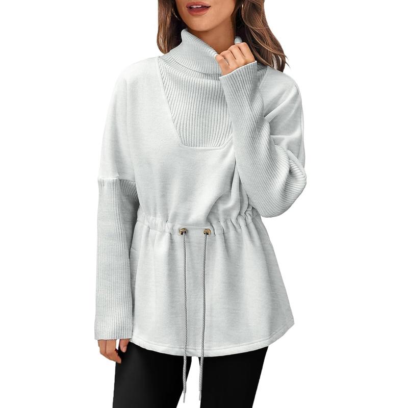 Women's Turtleneck Sweatshirts Fleece Drawstring Waist Casual Long Sleeve Pullover Sweater(buy 2 free shipping）
