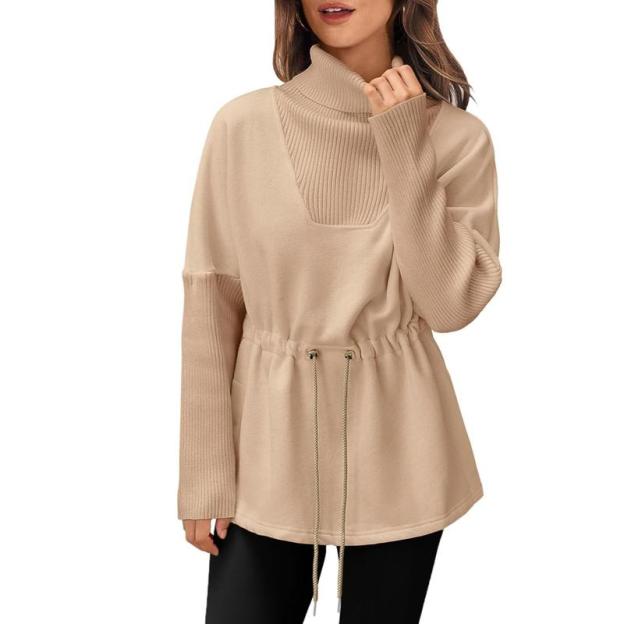 Women's Turtleneck Sweatshirts Fleece Drawstring Waist Casual Long Sleeve Pullover Sweater(buy 2 free shipping）