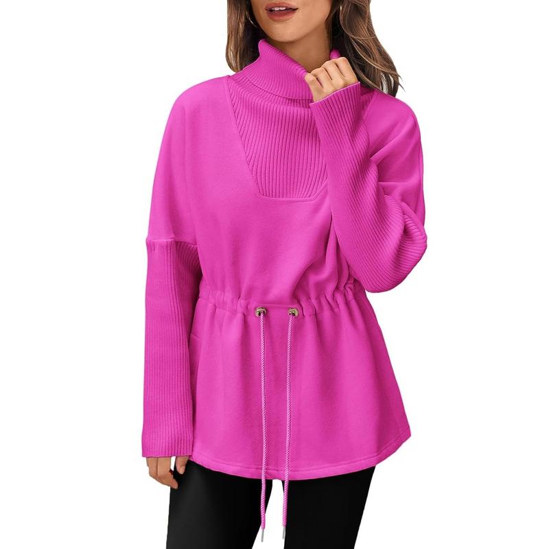 Women's Turtleneck Sweatshirts Fleece Drawstring Waist Casual Long Sleeve Pullover Sweater(buy 2 free shipping）