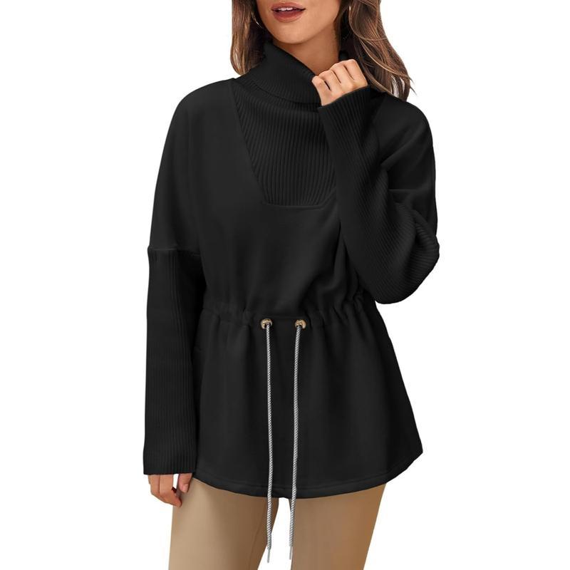 Women's Turtleneck Sweatshirts Fleece Drawstring Waist Casual Long Sleeve Pullover Sweater(buy 2 free shipping）