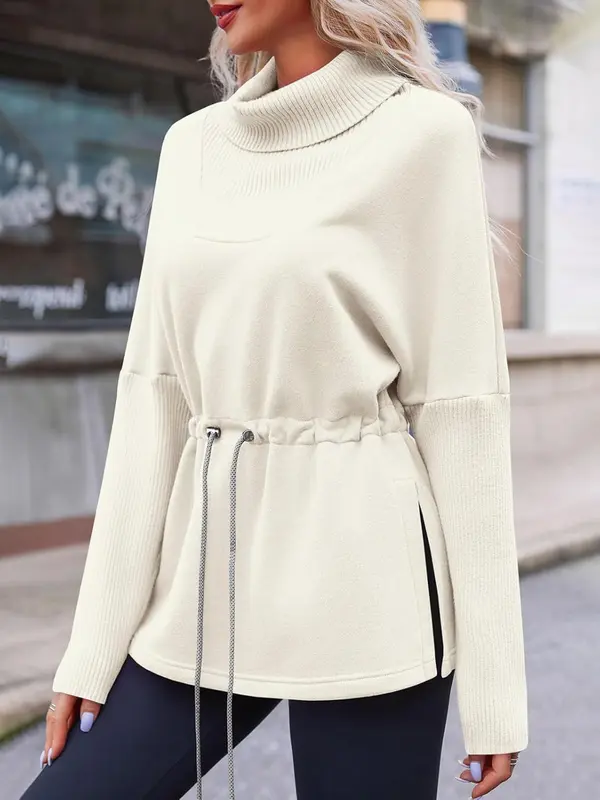 Women's Turtleneck Sweatshirts Fleece Drawstring Waist Casual Long Sleeve Pullover Sweater(buy 2 free shipping）