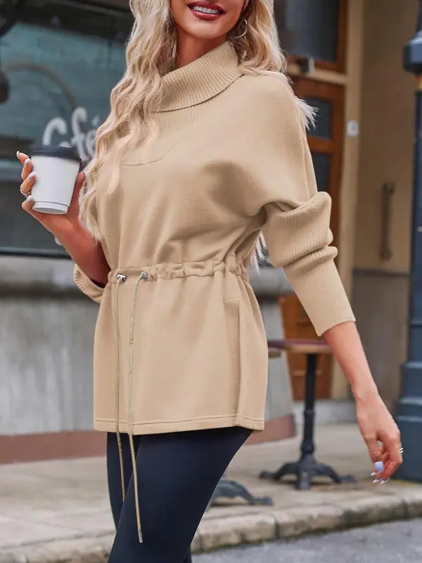 Women's Turtleneck Sweatshirts Fleece Drawstring Waist Casual Long Sleeve Pullover Sweater(buy 2 free shipping）
