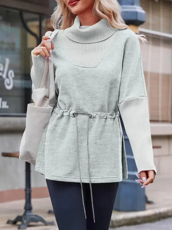 Women's Turtleneck Sweatshirts Fleece Drawstring Waist Casual Long Sleeve Pullover Sweater(buy 2 free shipping）