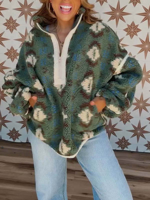 Women Collar Half Zipper Printed Casual Plush Top