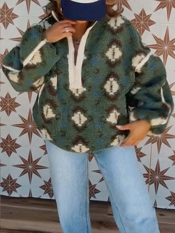 Women Collar Half Zipper Printed Casual Plush Top