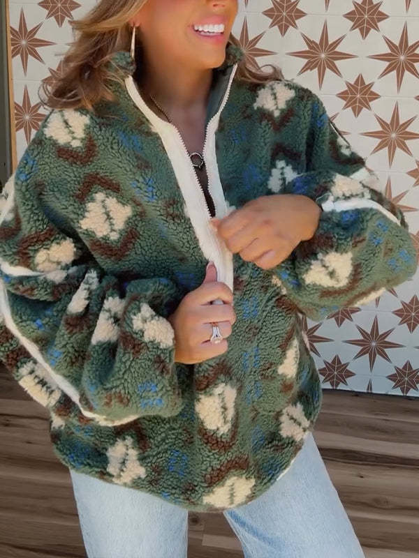 Women Collar Half Zipper Printed Casual Plush Top