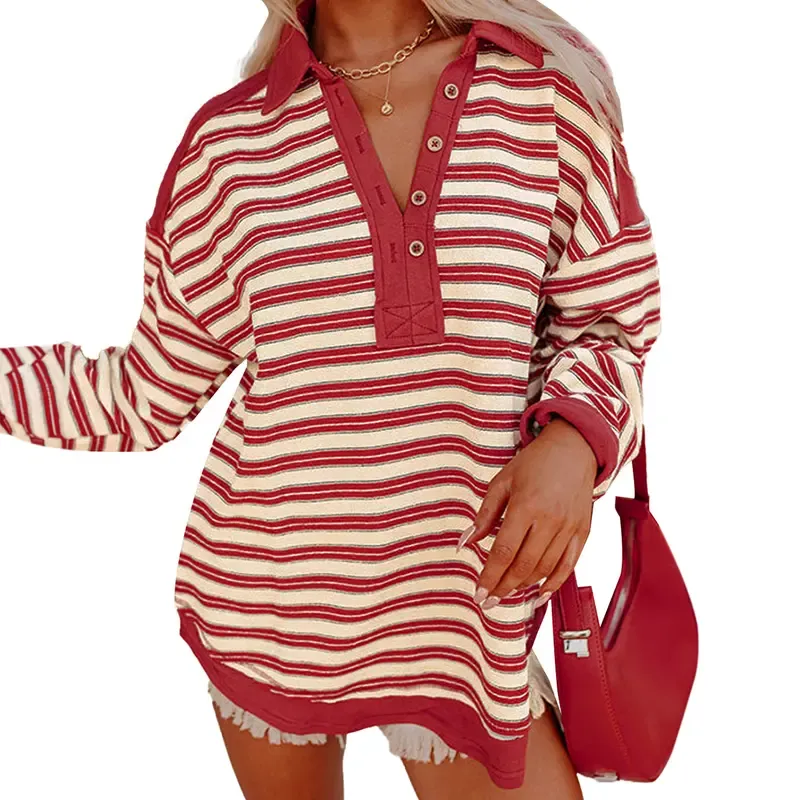 Women's 2025 Winteroutfit Long Sleeve Casual Blouse Red Stripe Buttoned V Neck Collared Drop Shoulder Top