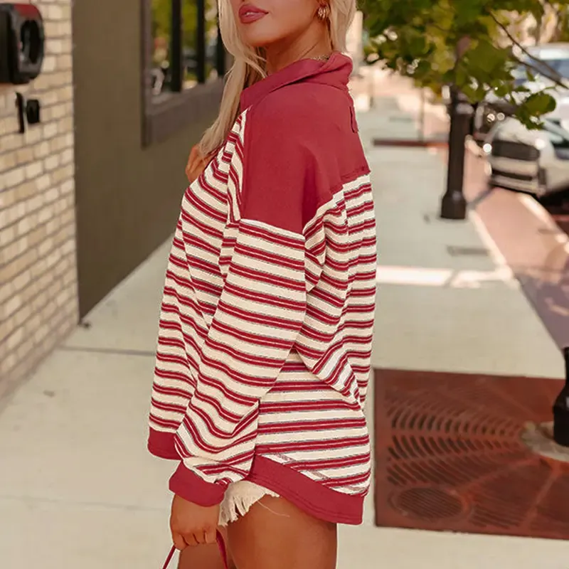  Women's 2025 Winteroutfit Long Sleeve Casual Blouse Red Stripe Buttoned V Neck Collared Drop Shoulder Top