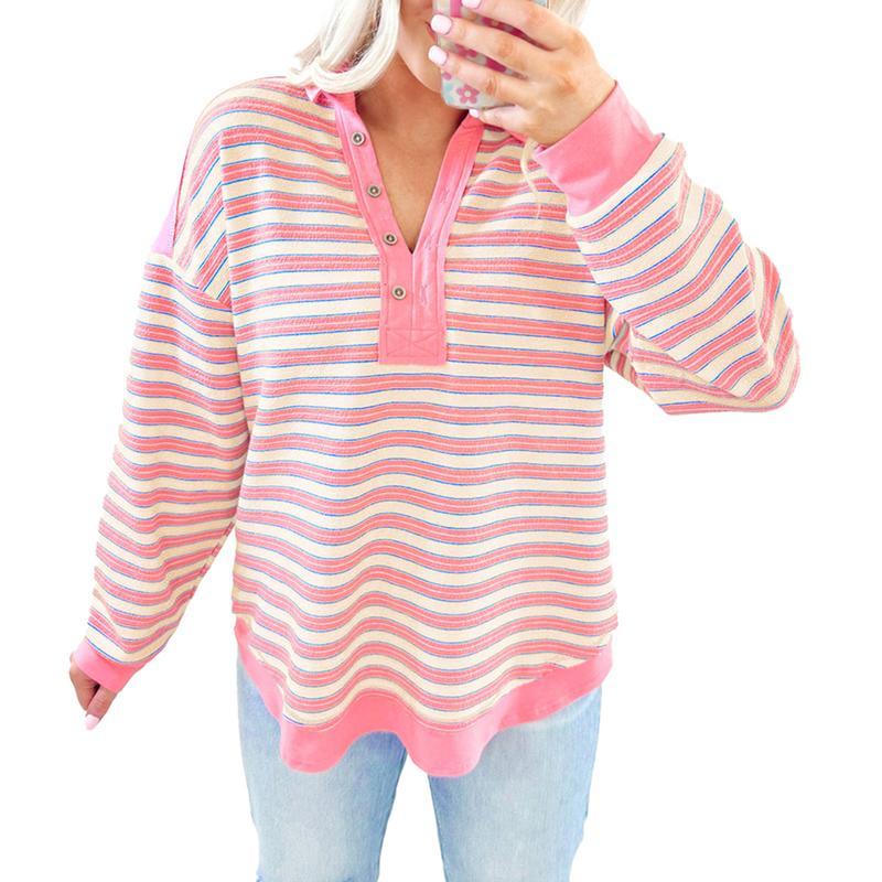  Women's 2025 Winteroutfit Long Sleeve Casual Blouse Red Stripe Buttoned V Neck Collared Drop Shoulder Top