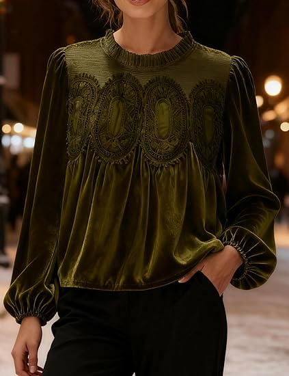 Women's Velvet Lace Blouse Casual Round Neck Long Sleeve Flared Swing Top Elegant Loose Intricate Back Design