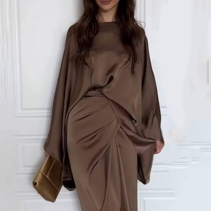  Minimalist Loose Shirt And Lace-up Skirt Suit in Rich Brown for Effortless Style