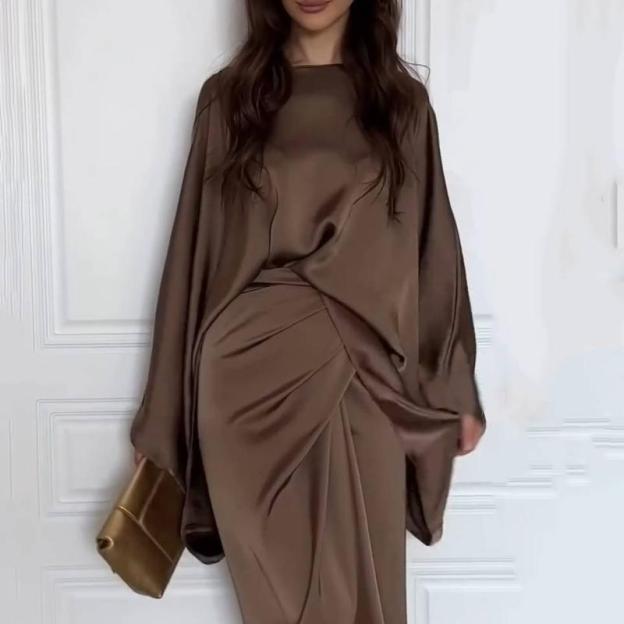  Minimalist Loose Shirt And Lace-up Skirt Suit in Rich Brown for Effortless Style