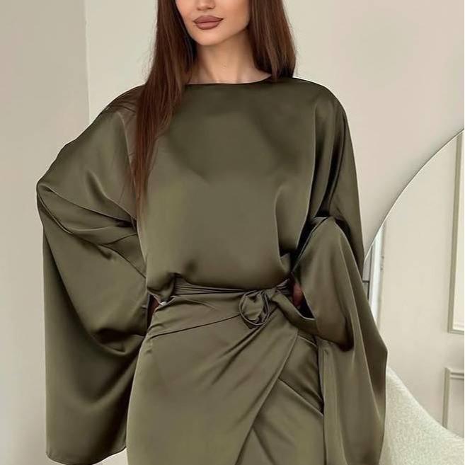  Minimalist Loose Shirt And Lace-up Skirt Suit in Rich Brown for Effortless Style