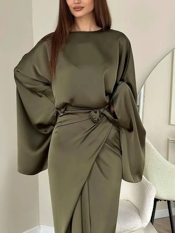  Minimalist Loose Shirt And Lace-up Skirt Suit in Rich Brown for Effortless Style