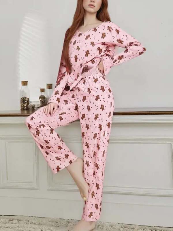 Christmas Women‘s Outfits Casual Gingerbread Print Long Sleeve Tops and Elastic Pants 2 Piece Set Streetwear