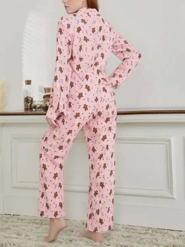 Christmas Women‘s Outfits Casual Gingerbread Print Long Sleeve Tops and Elastic Pants 2 Piece Set Streetwear