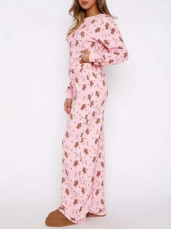 Christmas Women‘s Outfits Casual Gingerbread Print Long Sleeve Tops and Elastic Pants 2 Piece Set Streetwear