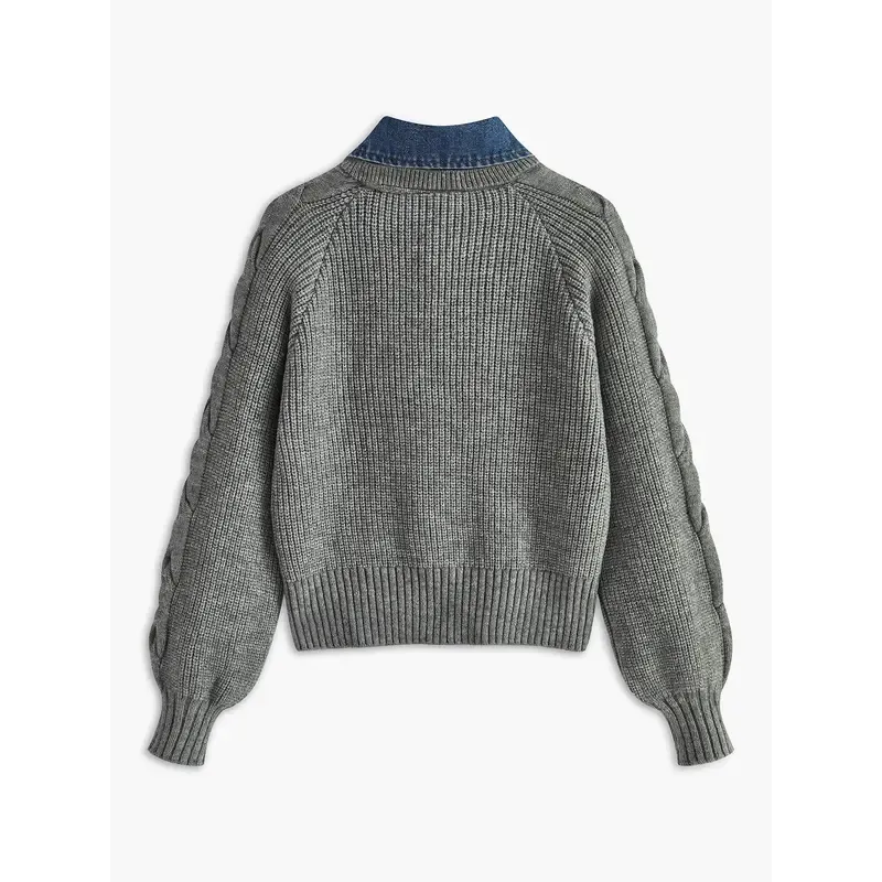 Women’s Denim Panel Ribbed Lapel Sweater