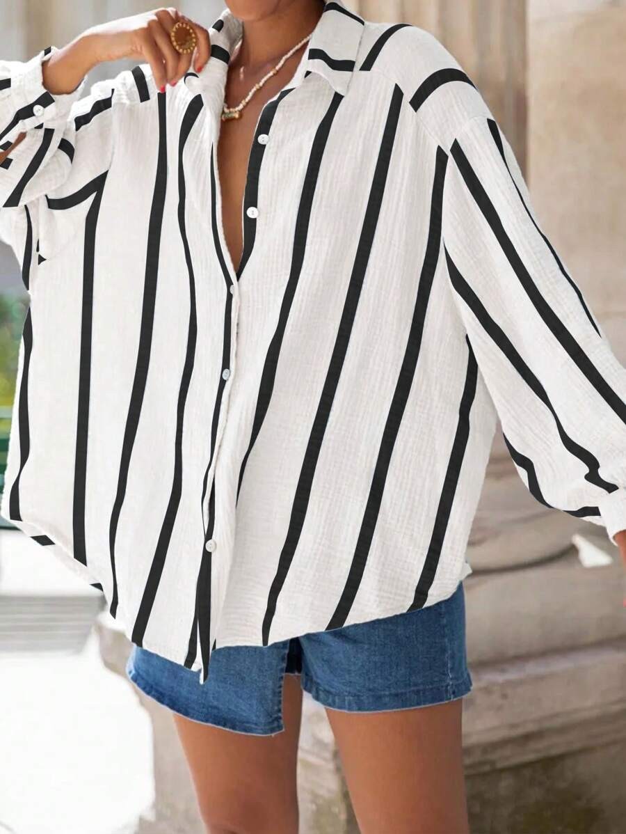 Women's striped button-down long-sleeved shirt（BUY 2 FREE SHIPPING)
