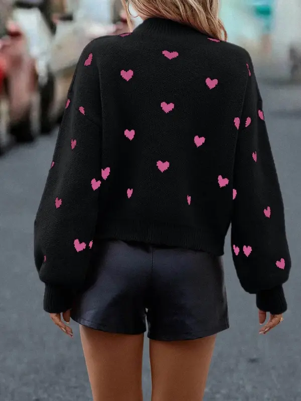Autumn Winter Heart Design Round Neck Sweater