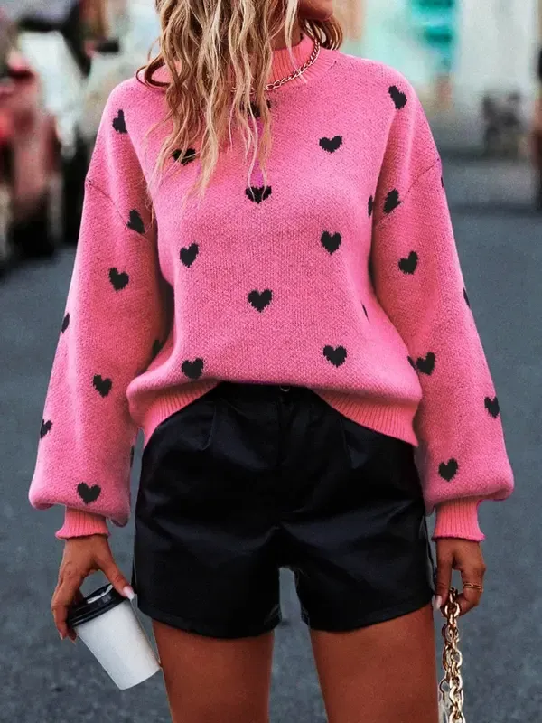 Autumn Winter Heart Design Round Neck Sweater