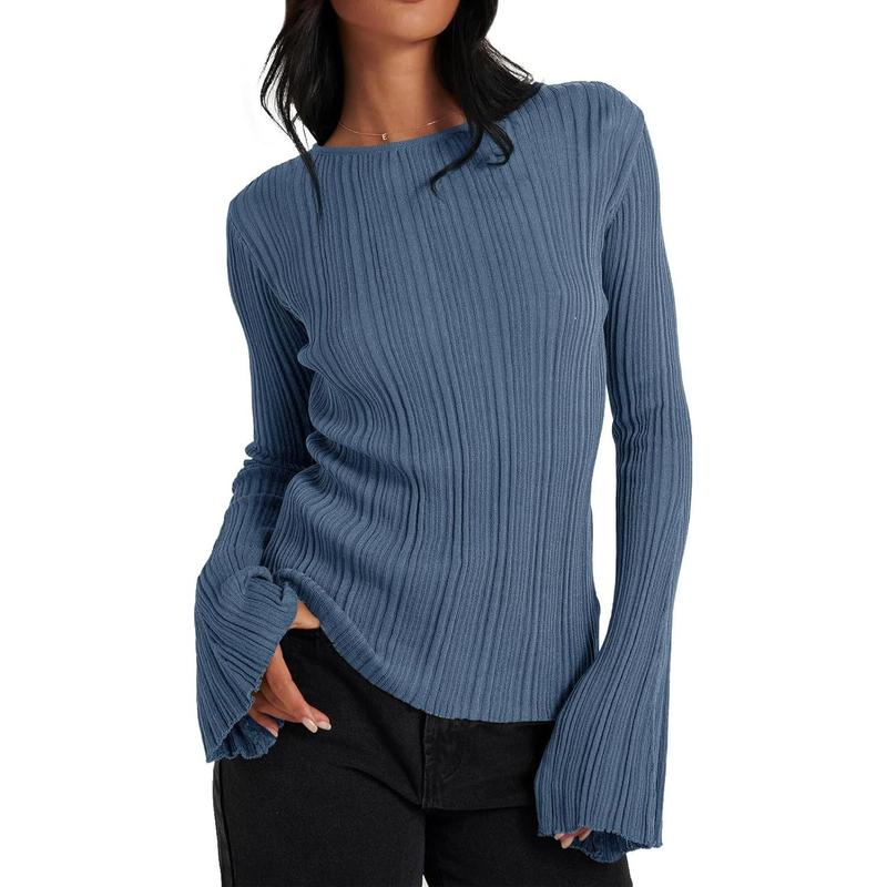 Womens Bell Long Sleeve Tops Going Out Knitted Fall Pullover Lightweight Sweater Shirts