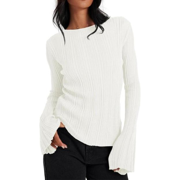 Womens Bell Long Sleeve Tops Going Out Knitted Fall Pullover Lightweight Sweater Shirts