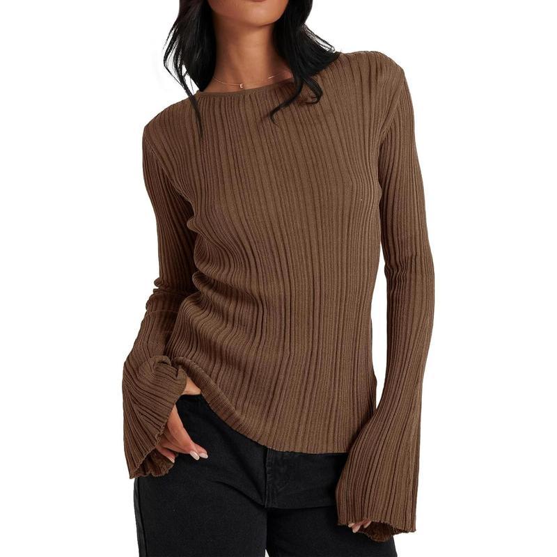 Womens Bell Long Sleeve Tops Going Out Knitted Fall Pullover Lightweight Sweater Shirts