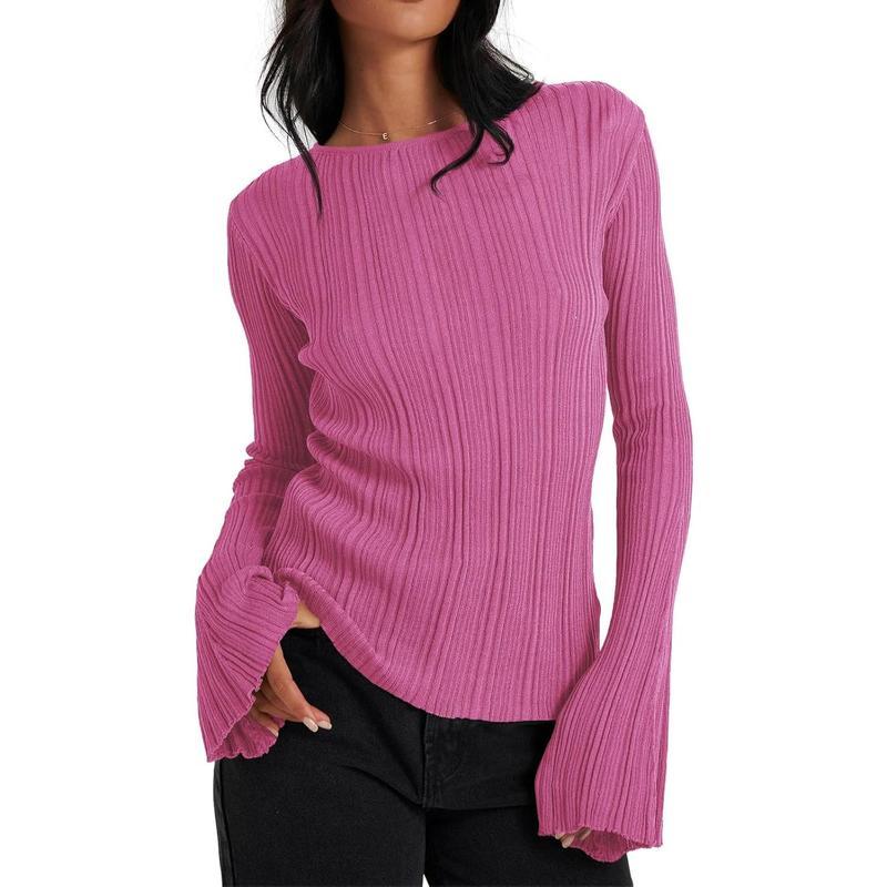 Womens Bell Long Sleeve Tops Going Out Knitted Fall Pullover Lightweight Sweater Shirts