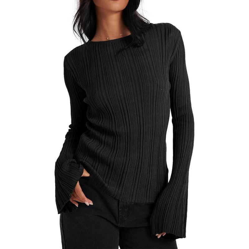 Womens Bell Long Sleeve Tops Going Out Knitted Fall Pullover Lightweight Sweater Shirts