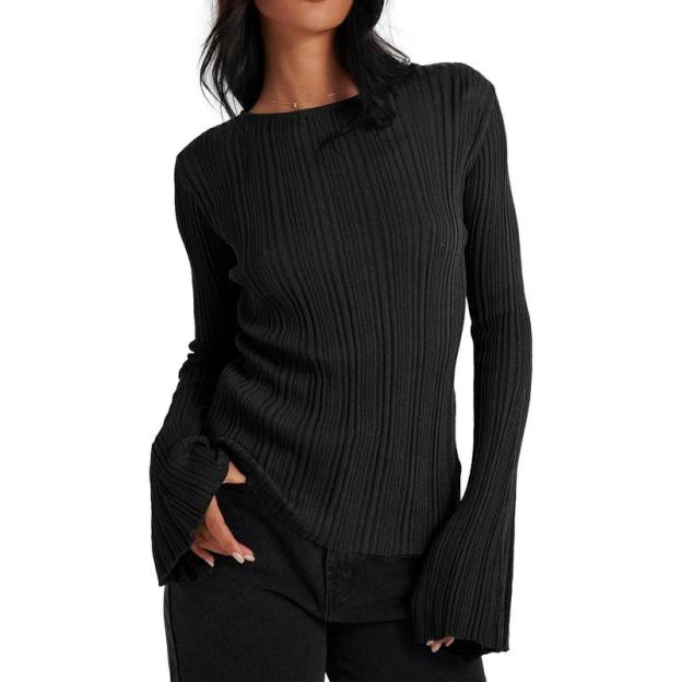 Womens Bell Long Sleeve Tops Going Out Knitted Fall Pullover Lightweight Sweater Shirts