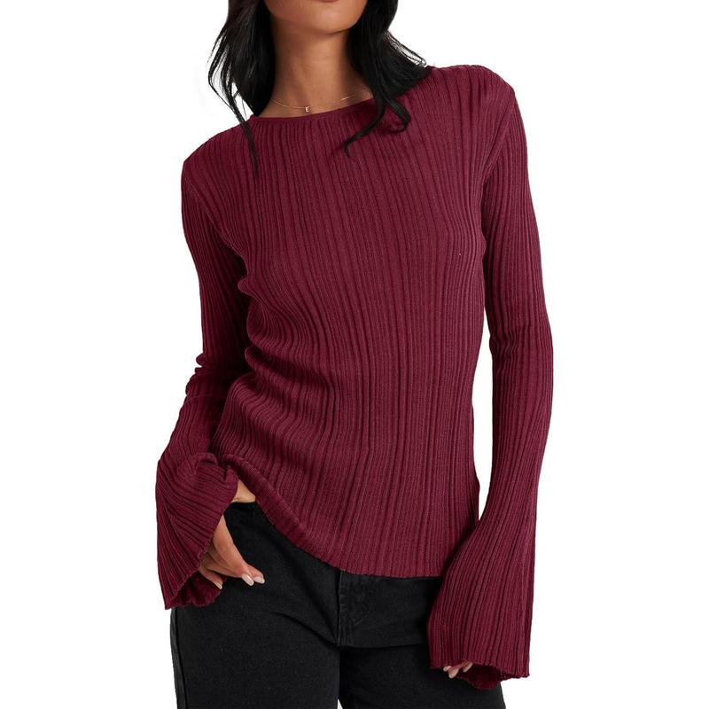 Womens Bell Long Sleeve Tops Going Out Knitted Fall Pullover Lightweight Sweater Shirts