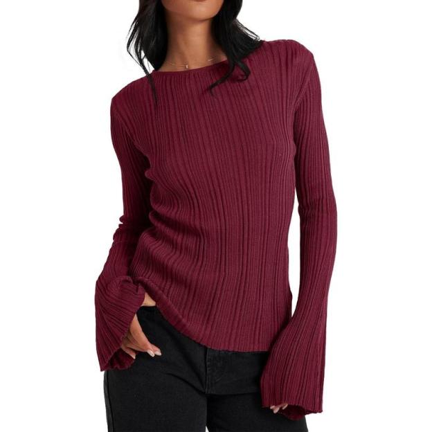 Womens Bell Long Sleeve Tops Going Out Knitted Fall Pullover Lightweight Sweater Shirts