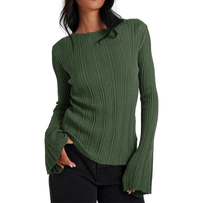 Womens Bell Long Sleeve Tops Going Out Knitted Fall Pullover Lightweight Sweater Shirts