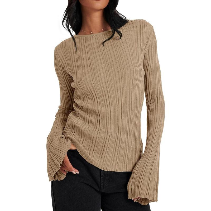 Womens Bell Long Sleeve Tops Going Out Knitted Fall Pullover Lightweight Sweater Shirts