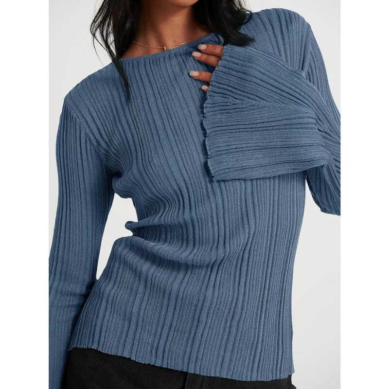Womens Bell Long Sleeve Tops Going Out Knitted Fall Pullover Lightweight Sweater Shirts
