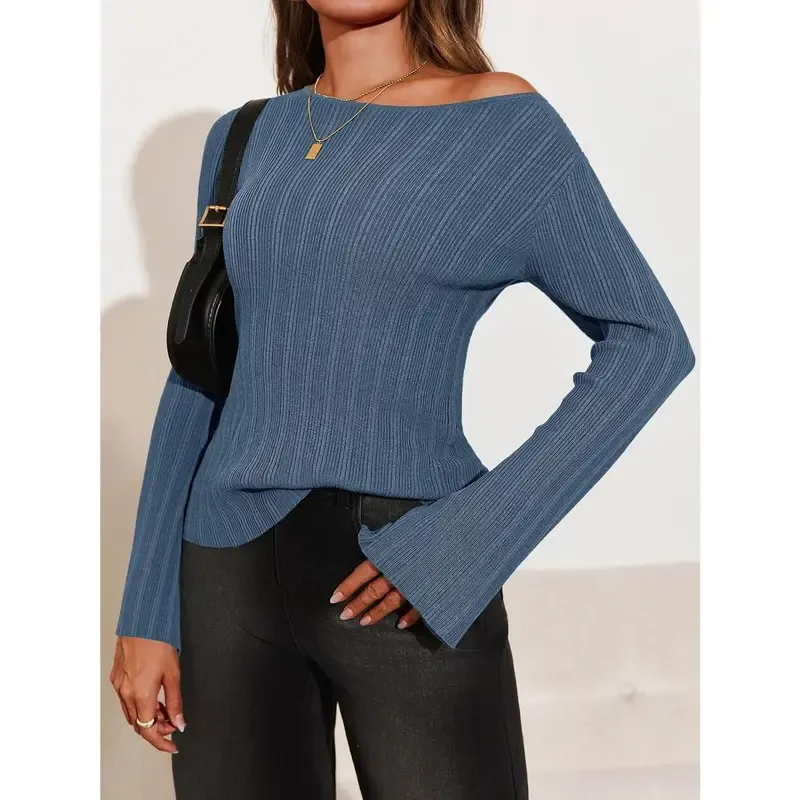 Womens Bell Long Sleeve Tops Going Out Knitted Fall Pullover Lightweight Sweater Shirts